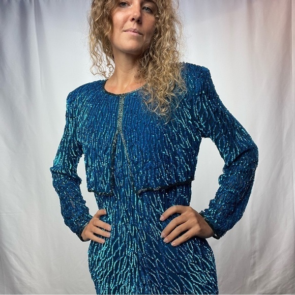 Vintage Scala Sequins Long Sleeve Mini Dress in Blue Size Small - Picture 2 of 7